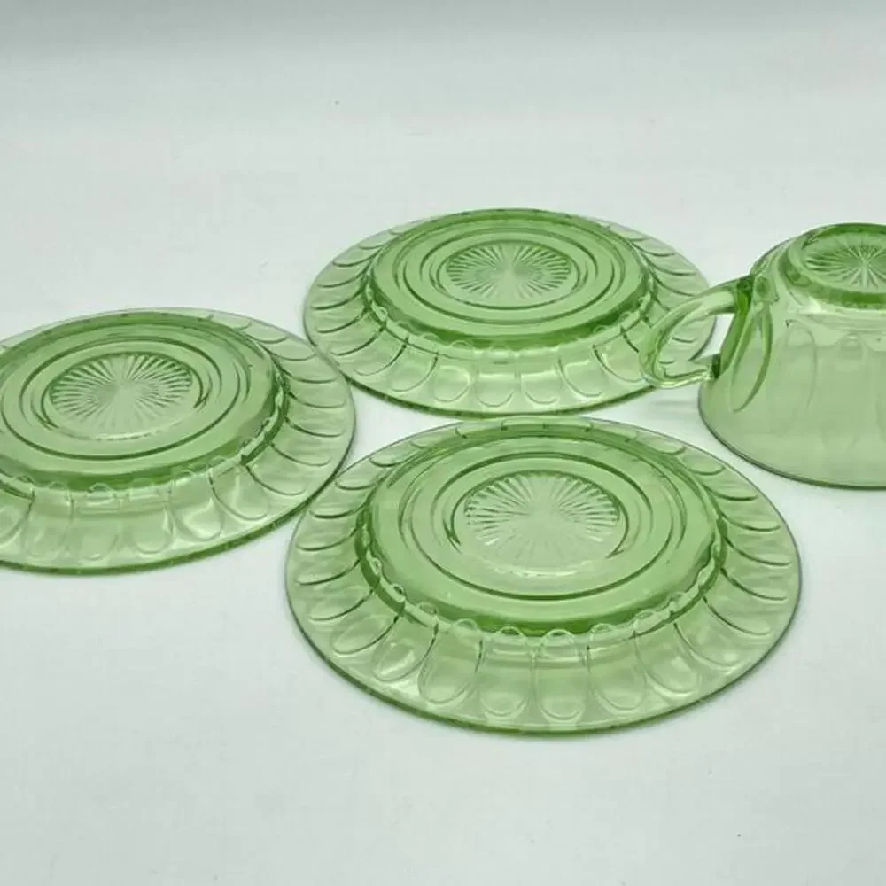 VTG Bartlett Collins Twitch Green Uranium Glass Cups Saucers Lot 10